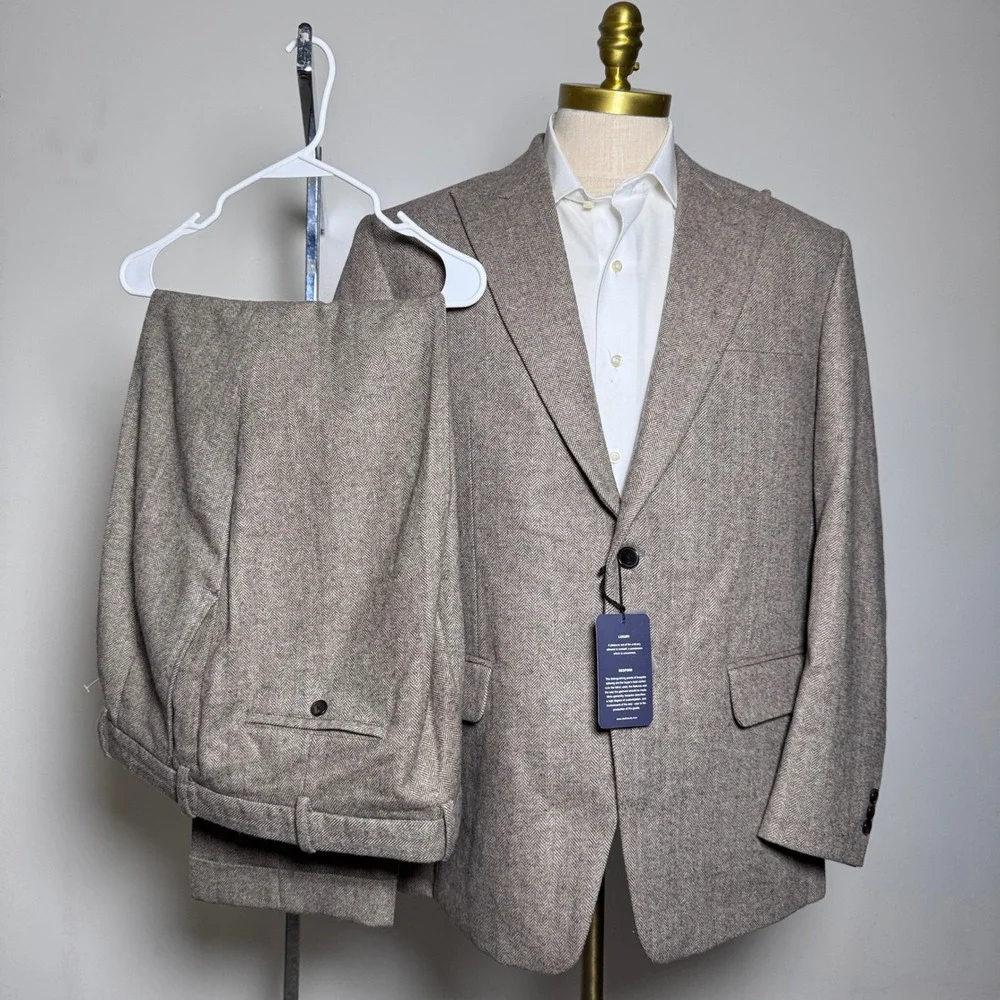 Studiosuits Suit‎ Mens 44R 42x27.5 Brown Herringbone Wool 2-Button Blazer Pant